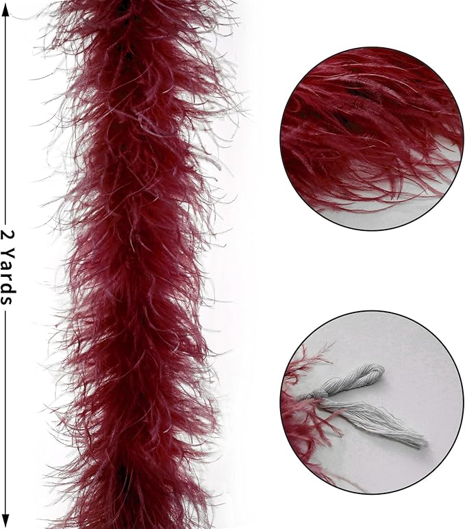 Soarer Burgundy Ostrich Feather Boa - 2Yards 1Ply Long Boas for Halloween Party,DIY Craft Sewing,Concert(Burgundy)