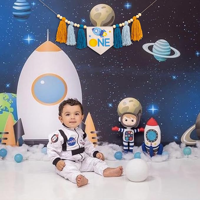 Gostman Outer Space ONE High Chair Banner | First Trip Around The Sun Birthday Party Decorations,Space Themed First Birthday Highchair Banner