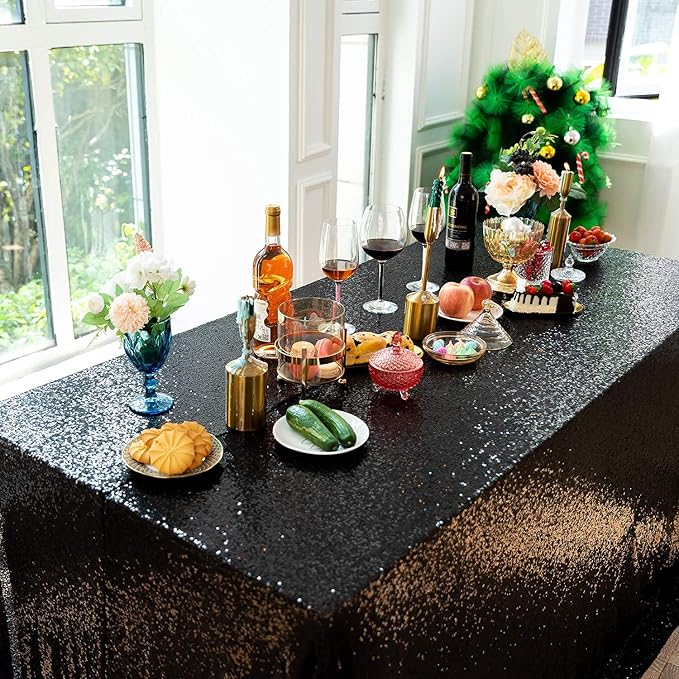Black Sequin Tablecloth 90"x132" Party Glitter Tablecloth Rectangular Sequin Table Cover Overlay Glitter Wedding Birthday Reception Decoration Baby Bridal Shower Christmas Halloween Decorations
