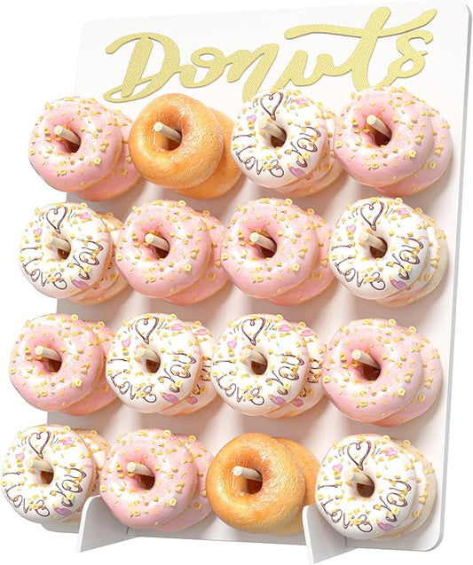 Wooden Donut Wall Display Stand - 16 Doughnut Holder Board for Grow Up Party, Birthday, Wedding, Baby Shower, Party Decorations (White)