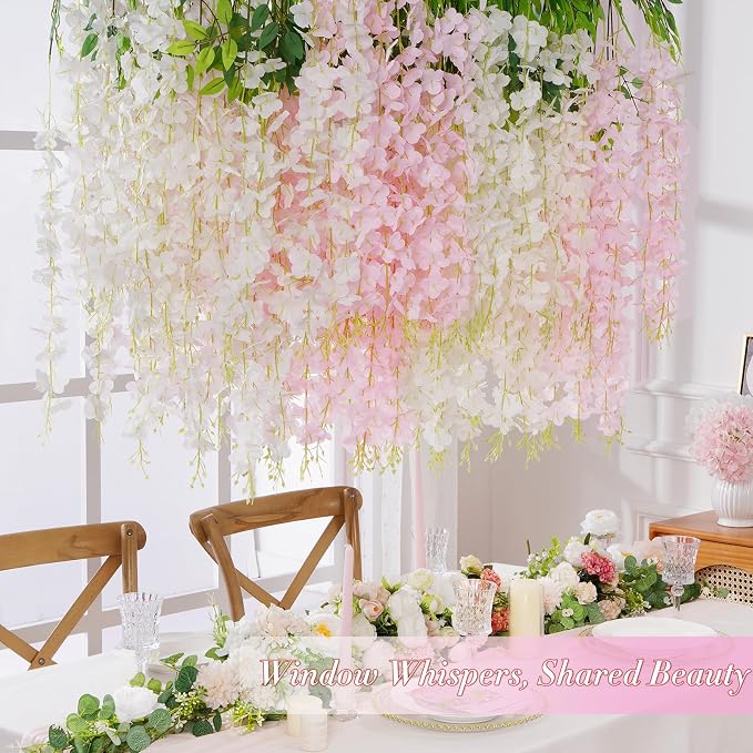 40 Pack White Pink Wisteria Hanging Flowers, Fake Flowers for Decoration, Artificial Hanging Flowers,Vines for Bedroom,Flower Garland for Home,Party,Garden, Wall,Wedding Decoration(3.6 Ft/Pcs)