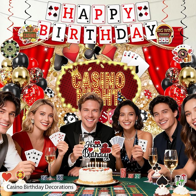 Casino Birthday Decorations - Casino Theme Birthday Backdrop, Banner, Hanging Swir, Latex & Foil Balloons, Cake & Cupcake Toppers for Poker Party Decorations