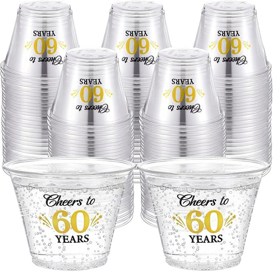 LemonRoad 100 Pack 60th Birthday Cup 9 oz Cheers to 50 Years Birthday Disposable Clear Plastic Cocktail Cups Hot Cold Beverage Drinks for Men Women Wedding Anniversary Decorations Party Favors