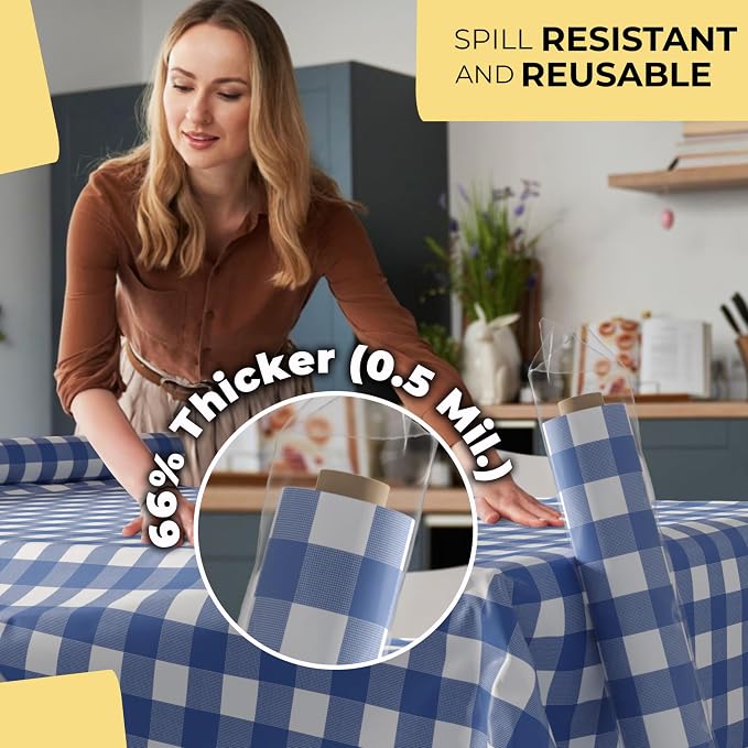 Party Solids 66% Thicker Premium Blue Gingham Plastic Table Cover Roll 40" X 100' Table Cloth Plastic Cover Roll Quality Thick Banquet Rolls Disposable Tablecloth Rolls Strong American Based Company