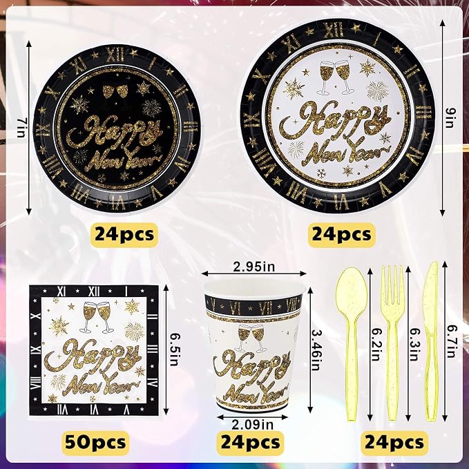 Mimorou 400 Pcs Happy New Year Disposable Tableware Set Black Gold Clock Paper Plates Napkins Cups Plastic Spoons Forks Knives New Year Eve Party Dinnerware Set for Christmas Lunar Years Party
