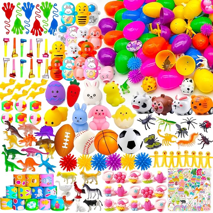 GOAUS Easter Eggs Fillers Party Favors for Kids 220 pcs, Small Toys Prizes with 100 Surprise Eggs for Filling, Goodie Bags Stuffers