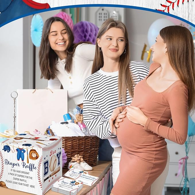 Teling 51 Pieces Diaper Raffle Tickets with Card Box Baby Shower Decorations Gender Reveal Holder Box for Girl Boy Diaper Raffle Party (Baseball, A Little Slugger is on the Way)