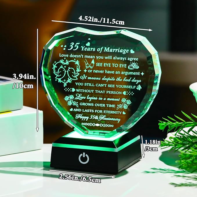 Arikyrist 35th Wedding Anniversary Crystal Heart Gifts for Couple, Laser Engraved 35 Year Anniversary Crystal Gifts for Wife Husband Parents, Romantic 35 Years of Marriage Gift for Him Her Friends