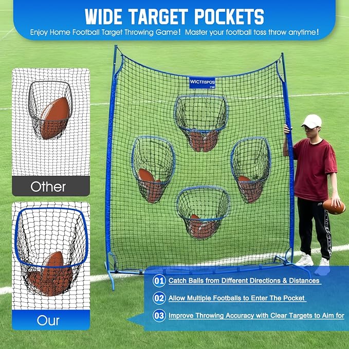 Football Throwing Net, Upgrade Heavy Duty Metal Frame Quarterback Training Equipment Throwing Machine with 1-4 Targets, Easy Setup Football Target Practice with CarryBag, Allweather Indoor Outdoor Use