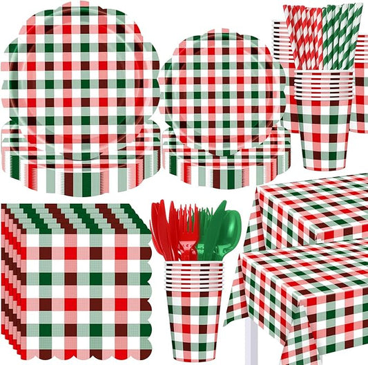 Funnymoom 452 Pcs Red and Green Christmas Buffalo Plaid Party Supplies for 50, Scalloped Christmas Gingham Plaid Paper Plates Napkins Cups Tablecloth Cutlery Straws for Rustic Holiday Party Decoration