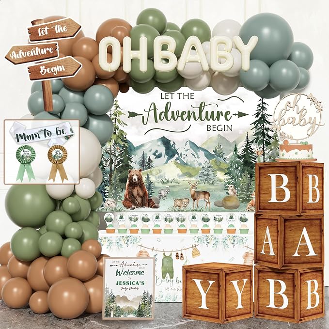 Let the Adventure Begin Baby Shower Decorations, 131 PCs Adventure Awaits Baby Shower Party Supplies with Mountain Backdrop, Balloon Garland, Mom to Be Sash for Boys Forest Woodland Party