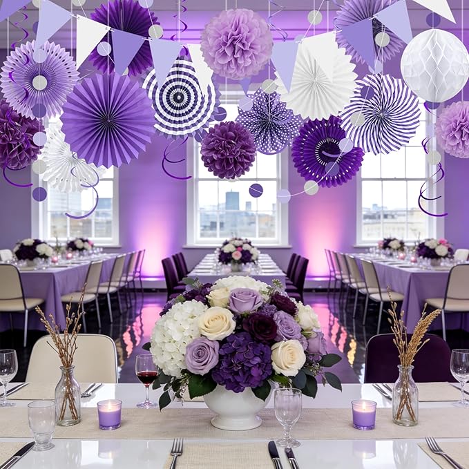 24 Pcs Purple Birthday Decorations Kit, Reusable Hanging Paper Fans Triangle Banner Tissue Pom Poms for Lavender Party Event and Wedding Graduation Bridal Shower Retirement