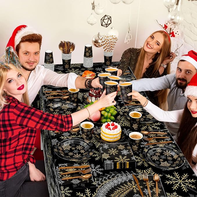 Funnymoom 452 Pcs Christmas Snowflake Party Supplies Black Gold and Sliver Snowflake Paper Plates and Napkins Cups Tablecloth Cutlery Straws for 50 Guests Winter Xmas Birthday Party Decoration