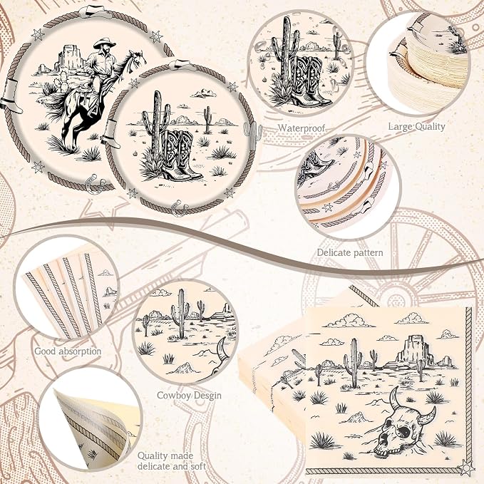 Pickmesh 400 Pcs Western Cowboy Party Plates and Napkin Decoration Wild West Rodeo Paper Tableware Cups Knives for Rodeo Bachelorette and Wild Cowboy Birthday Party Supplies Serve 50