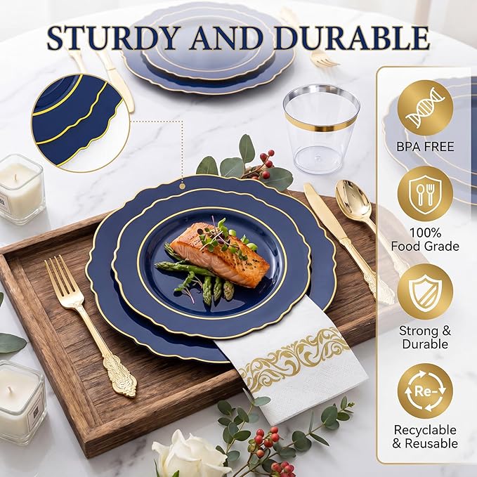 KIRE 210Pcs Navy Blue Plastic Plates - Blue and Gold Plates Disposable - 30guest Baroque Plastic Dinnerware for Upscale Wedding/Parties/Passover/Graduation