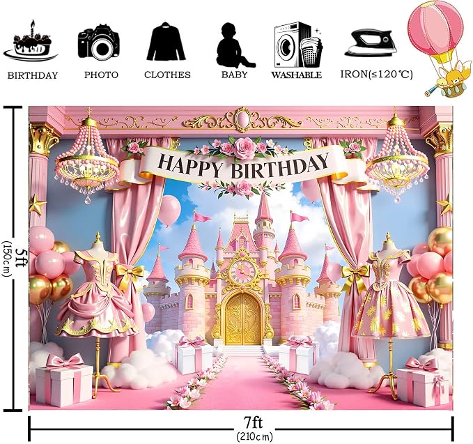 Princess Castle Happy Birthday Backdrop 7Wx5H Feet Polyester Fabric Pink Goled Balloons Pastel Cloudy Sky Cute Fantasy Decoration Girly Beautiful Photography Background Photo Shoot Props