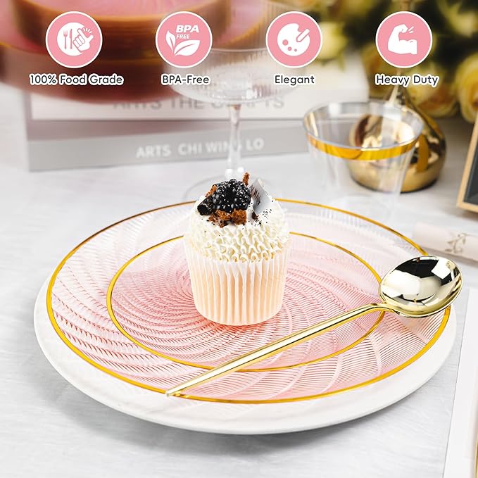 N9R 180 PCS Disposable Dinnerware Set with Gold Rim for 30 Guests, Pink Plastic Plates Include 30 Dinner Plate, 30 Dessert Plates, 30 Cups, 90 Heavy Duty Gold Plastic Silverware for Party & Wedding
