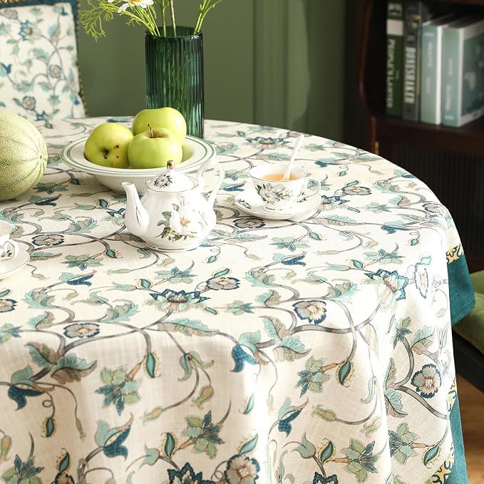 patdrea Vintage French Linen Tablecloth,Round,Diameter 55"-Noah | Heavyweight Floral Table Cloth for Round Table,Botanical Green Pattern,for Dining Room Tea Party Thanksgiving