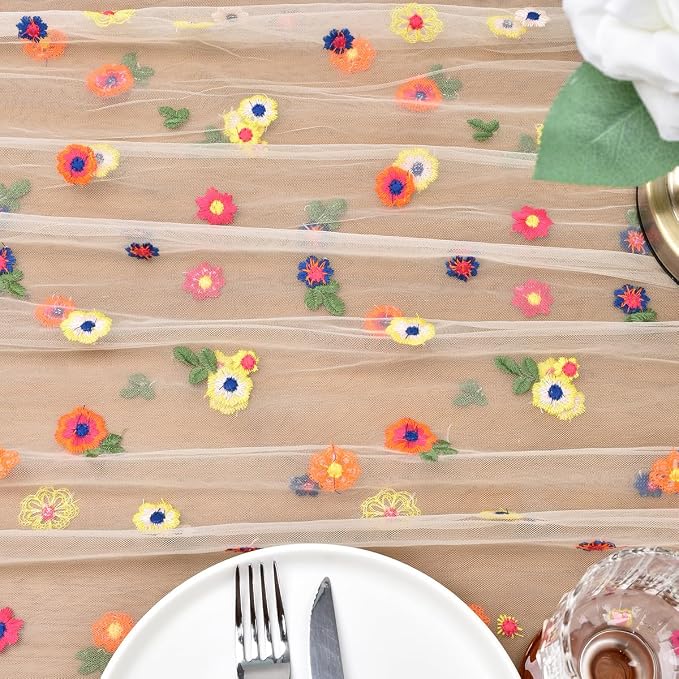 Joanlody 6pcs Champagne Summer Flower Table Runner 10ft Embroidery Daisy Floral Seasonal Tulle Table Runner for Home Garden Tea Party Holiday Birthday Decoration