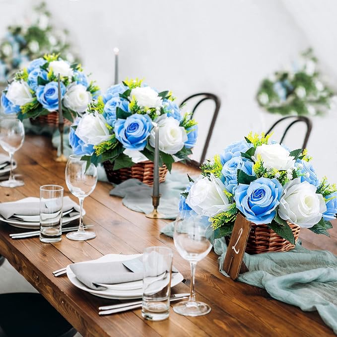 Sziqiqi Faux Silk Rose Flowers Artificial Flowers for Wedding Party Centerpiece Decorations Home Decorative Flowers, Pack of 2 Blue