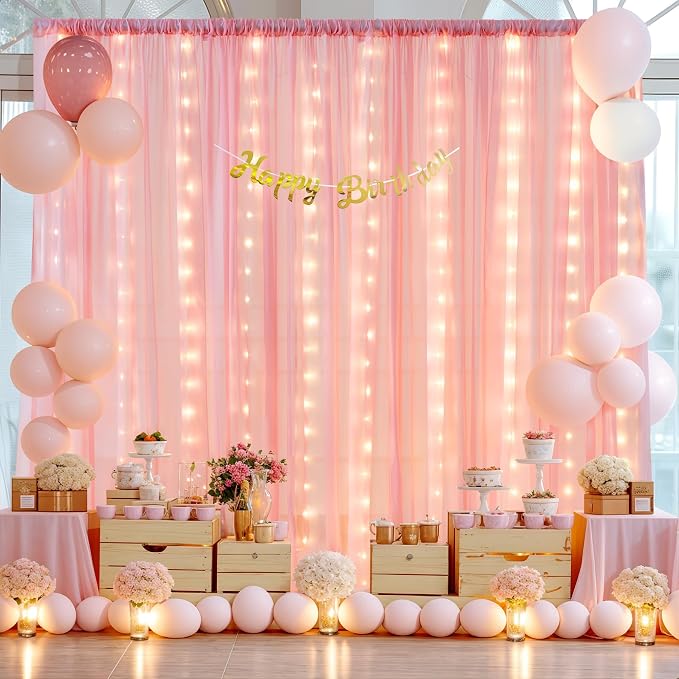 20ft x 10ft Baby Pink Chiffon Backdrop Curtain with Lights String for Parties,4 Panels Sheer Tulle Curtain Wedding Backdrop for Baby Shower Birthday Party Ceremony Reception Home Decorations