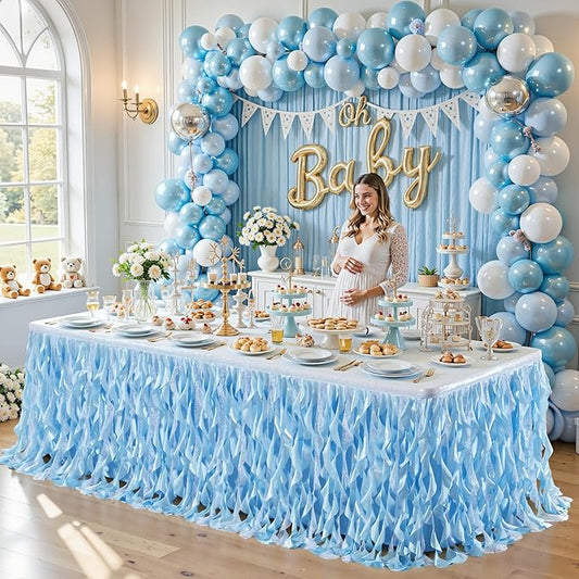 Wish Care 21ft Light Blue Sequin Table Skirt for Rectangle Tables Glitter Curly Willow Tutu Skirt Ruffle Table Cloth Desk Skirts for Birthday Baby Shower Ocean Baby Shark Party Cake Table Decorations