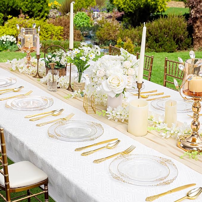 102PCS Clear Gold Plastic Plates - Clear Disposable Plates with Gold Rim - Elegant Party Plate Include 51PCS Dessert Plates, 51PCS Dinner Plate for Weddings & Parties