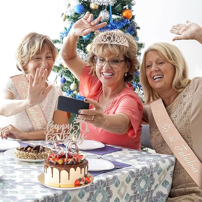 50th Birthday Decorations Women, Include 50th Birthday Sash and Tiara, Cake Topper and Candles, Number Balloons, 50 Year Old Gifts for Women
