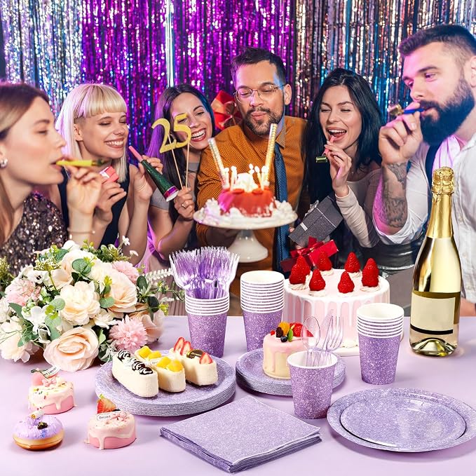 Hushee 175 Pcs 25 Guests Pastel Purple Paper Party Plates and Cups Napkins Sets Holographic Glitter Disposable Dinnerware Plastic Forks Knives Spoons Birthday Bachelorette Wedding Party Supplies