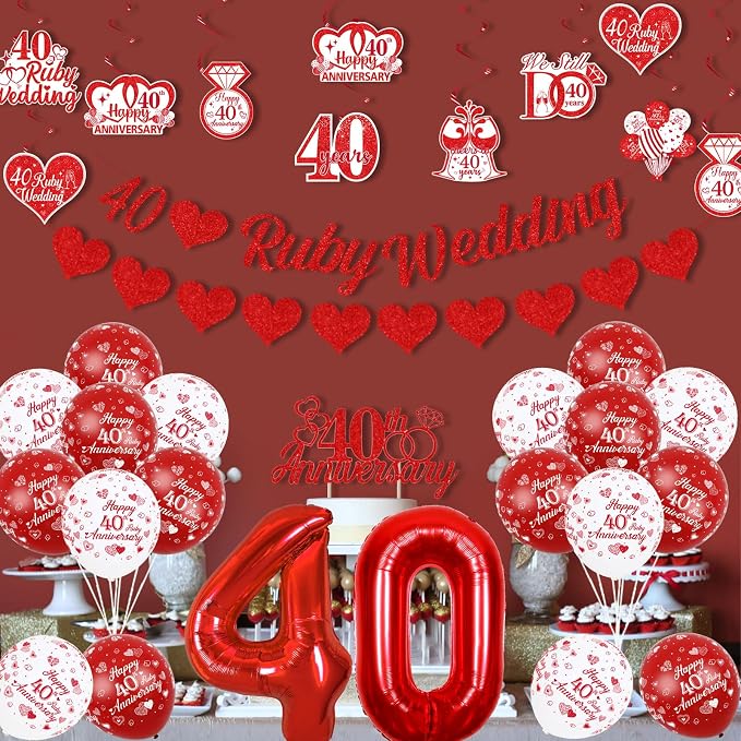 Ruby 40th Wedding Anniversary Decorations, We Still Do 40 Years Cheers to 40 Years Celebration Party Supplies for Couple, Balloon Cake Topper Hanging Swirls Love Garland Banner