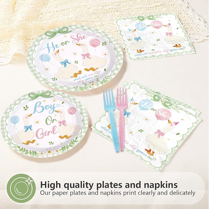96 Pcs Sage Green White Goose Gender Reveal Decorations Baby Shower Plates and Napkins Goose Baby Shower Tableware Set for Gender Reveal Birhday Party Supplies, Serves 24