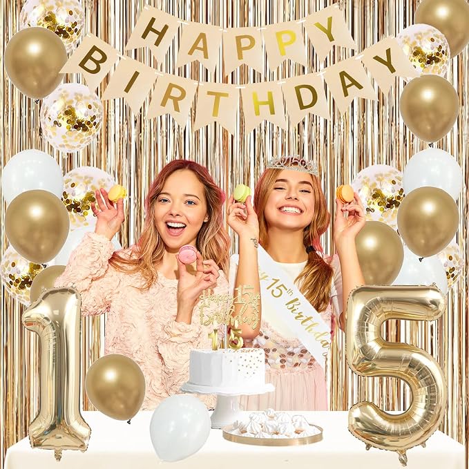Trgowaul 15th Birthday Decorations for Girls, Banner, Sash and Crown, Cake Topper, 15 Number Balloon, Fringe Curtains, Champagne Gold 15th Birthday Party Supplies