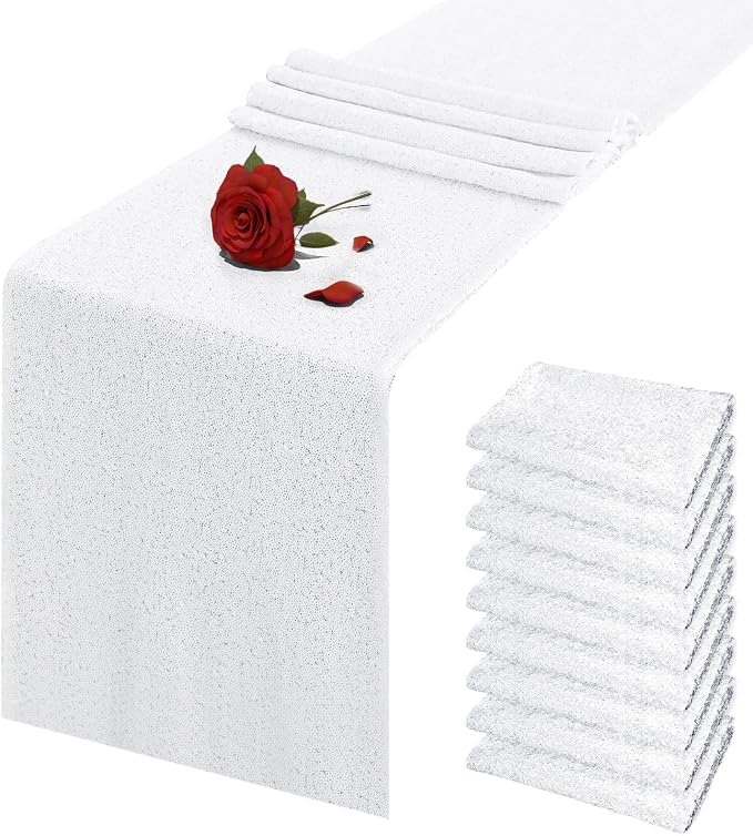 10 Packs 12 x 72 inches White Sequin Table Runner, Glitter Runner for Birthday Party Supplies Wedding Holiday Celebration Baby Shower Engagement Anniversary Decor