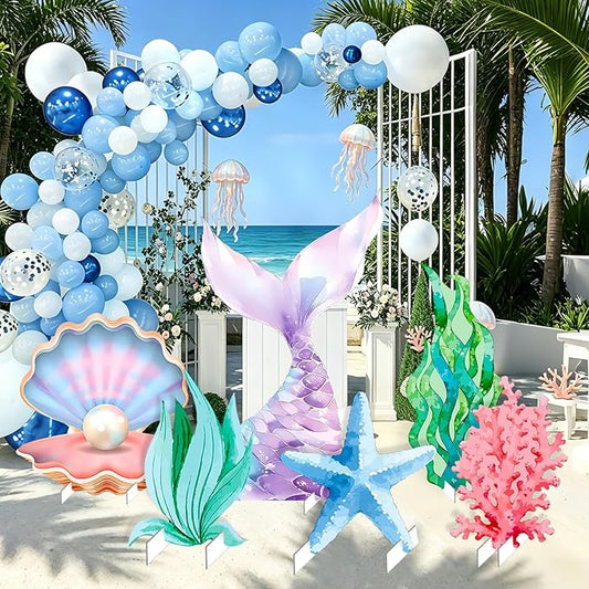 Large Under The Sea Mermaid Decoration Mermaid Tail Seashell Starfish Cardboard Cutout Yard Stakes Stand Set for Wedding Bridal Shower Birthday Party Decor