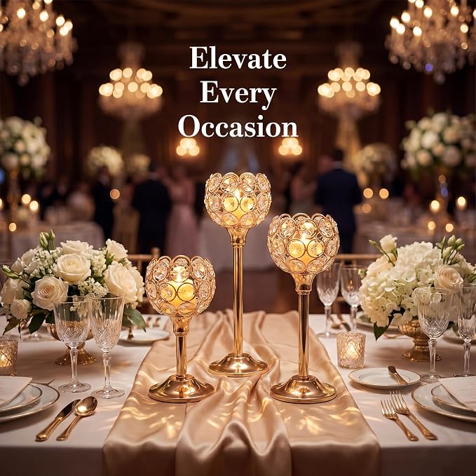 Gold Crystal Tealight Candle Holder Set of 3, Elegant Gold Candles Table Centerpieces, Tall Bling Bowl Candelabra Decor for Wedding, Dining Table, Fireplace Mantel & Party Decoration