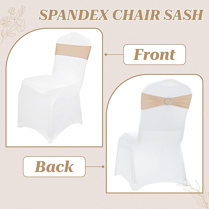 VDS - Champagne | Spandex Chair Sashes Bows | 300 PCS | Stretch Elastic Banquet Universal Folding Chair Band Tie with Silver Buckle Slider for Wedding Party Conference Celebration Event Decoration