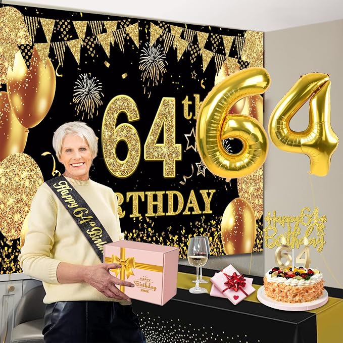 64th Birthday Decorations Men Women with 64th Birthday Banner, Black and Gold Table Cloth, Number Balloons, Large Sash, Cake Topper and Candles