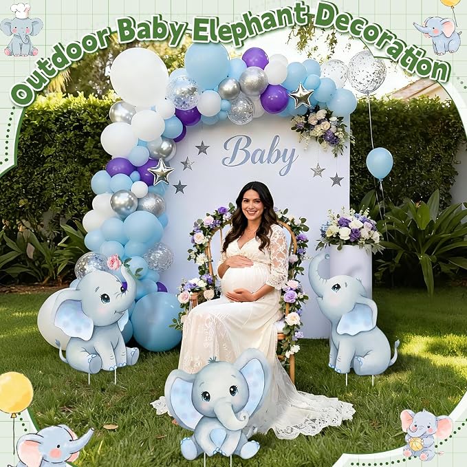 3Pcs Elephant Baby Shower Decorations, Large Baby Elephant Cardboard Cutouts Standup, Blue Cartoon Birthday Party Signs for Photo Booth Props Backdrops Decor Displays Party Supplies