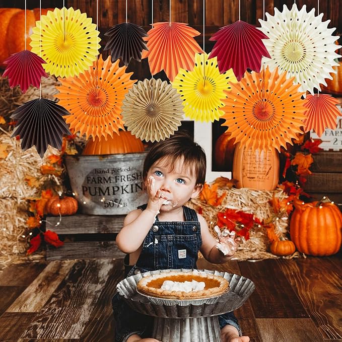 12 PCS Fall Party Decorations Maple Leaves Paper Fans Orange Hanging Paper Fans Paper Flowers Decorations for Wall for Autumn Thanksgiving Birthday Baby Shower Rustic Wedding Decorations, 14001-1215