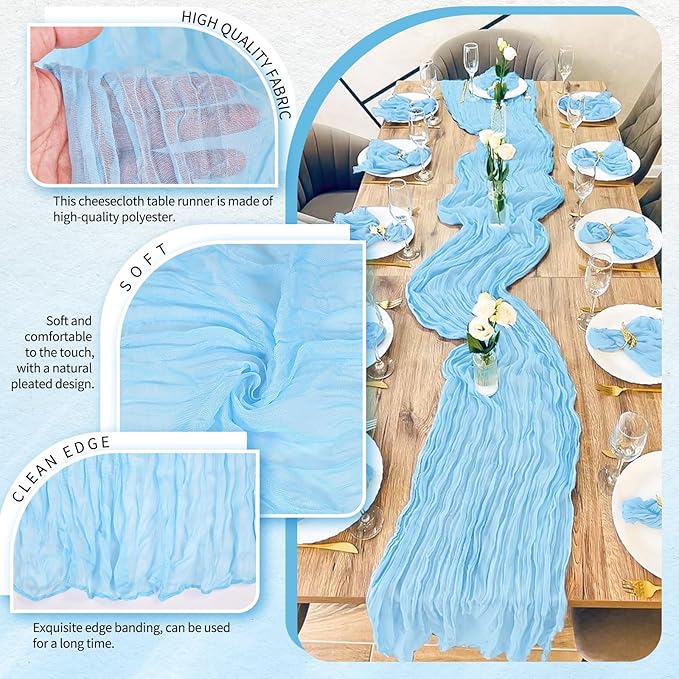 2 Pack Cheesecloth Table Runner 10FT Baby Blue Table Runner Light Blue Boho Gauze Cheese Cloth Table Runners Long Rustic Sheer Table Decorations for Wedding Party Baby Bridal Shower Birthday Holiday