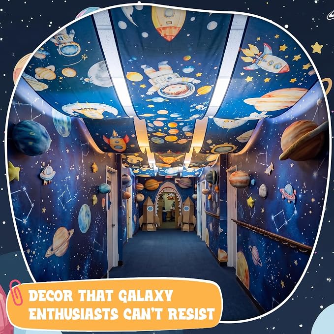 Gilprop 3 Pack Space Galaxy Ceiling Decorations for Classroom 24" x 12 ft Astronaut Rocket Planet Universe Hanging Banners, Outer Space Theme Decor for Nursery School Church Sunday Birthday Party