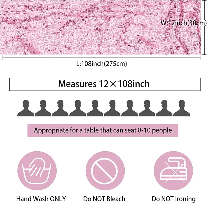 12 Packs 12 X 108 Inch Pink Sequin Table Runner Glitter Dining Table Runner for Birthday Wedding Engagement Bridal Baby Shower Bachelorette Holiday Celebration Party Supplies Decorations (Pink)