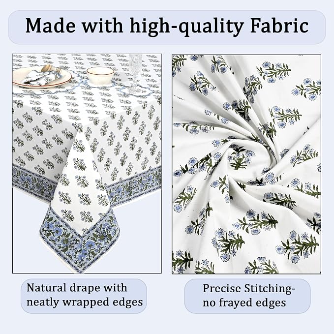 Ridhi Baby Blue Hand Block Print Cotton Rectangle Tablecloth 108" x 70" inches Reusable Table Cover Decorative Everyday Use for Dining Room, Farmhouse, Home Gift for Spring, Mother's Day