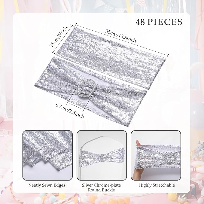 54 Pieces of Silver Sequin Chair Ribbons and Table Runners, 48 Sequin Chair Bows, 6 Glitter Table Runners, Suitable for Wedding Parties Birthday Meeting Events Decorations (Silver)