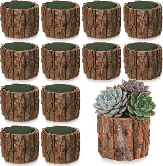 12 Set Wooden Vase for Centerpieces Wedding Flower Table Centerpieces Decor Rustic Bark Stump Bucket Farmhouse Wood Planter Pot for Woodland Party Window Home (Flower Foam,Small)