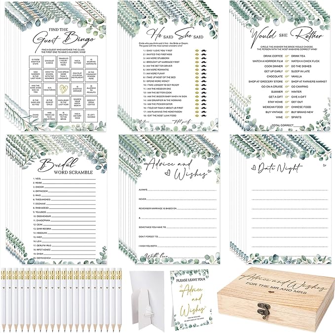 Silipull Bridal Shower Games Set for 50 Guests Includes Bingo, He Said She Said, Scramble, Would She Rather, Advice and Wishes Wedding Games Double Sided with Wooden Box, 20 Pencils(Eucalyptus)