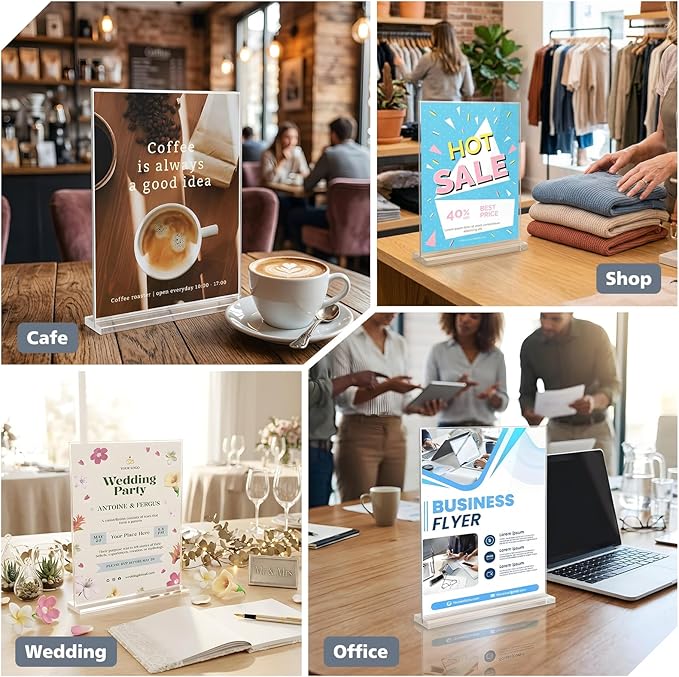 Comix Clear Acrylic Sign Holder 8.5x11 Inches, 6 Pack Double Sided Display Stand Plastic Table Paper Stand, Vertical Menu Flyer Holder for Restaurants, Store, Office