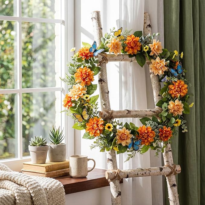 Giegxin 1 Pack 6 ft Artificial Flower Garland Flower with Dahlia and Daisy Yellow Fake Butterflies Wisteria Vines Summer Greenery Eucalyptus Garland for Wedding Mantle Porch Stair Table Indoor Decor