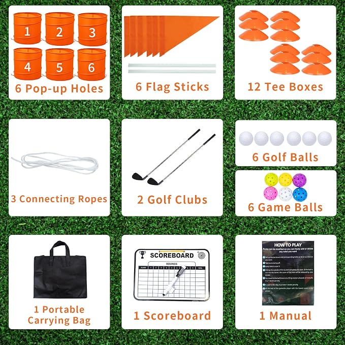 Orange 6 PCS Backyard Golf Game,Set with:6 Pop-Up Holes + 6 Flags + 12 Tee Boxes + 6 Game Balls + 1 Carrying Bag + 6 Connecting Ropes + 1 Scoreboard + 2 Clubs + 6 Golf Balls + 1 Manual,Outdoor