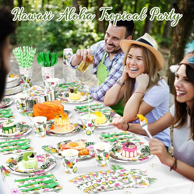 Funnymoom 452 Pcs Hawaiian Luau Party Decoration for 50, Tropical Aloha Paper Plate Napkin Cup Tablecloth Cutlery Palm Leaf Hibiscus Disposable Tableware for Summer Beach Floral Birthday Party Supply